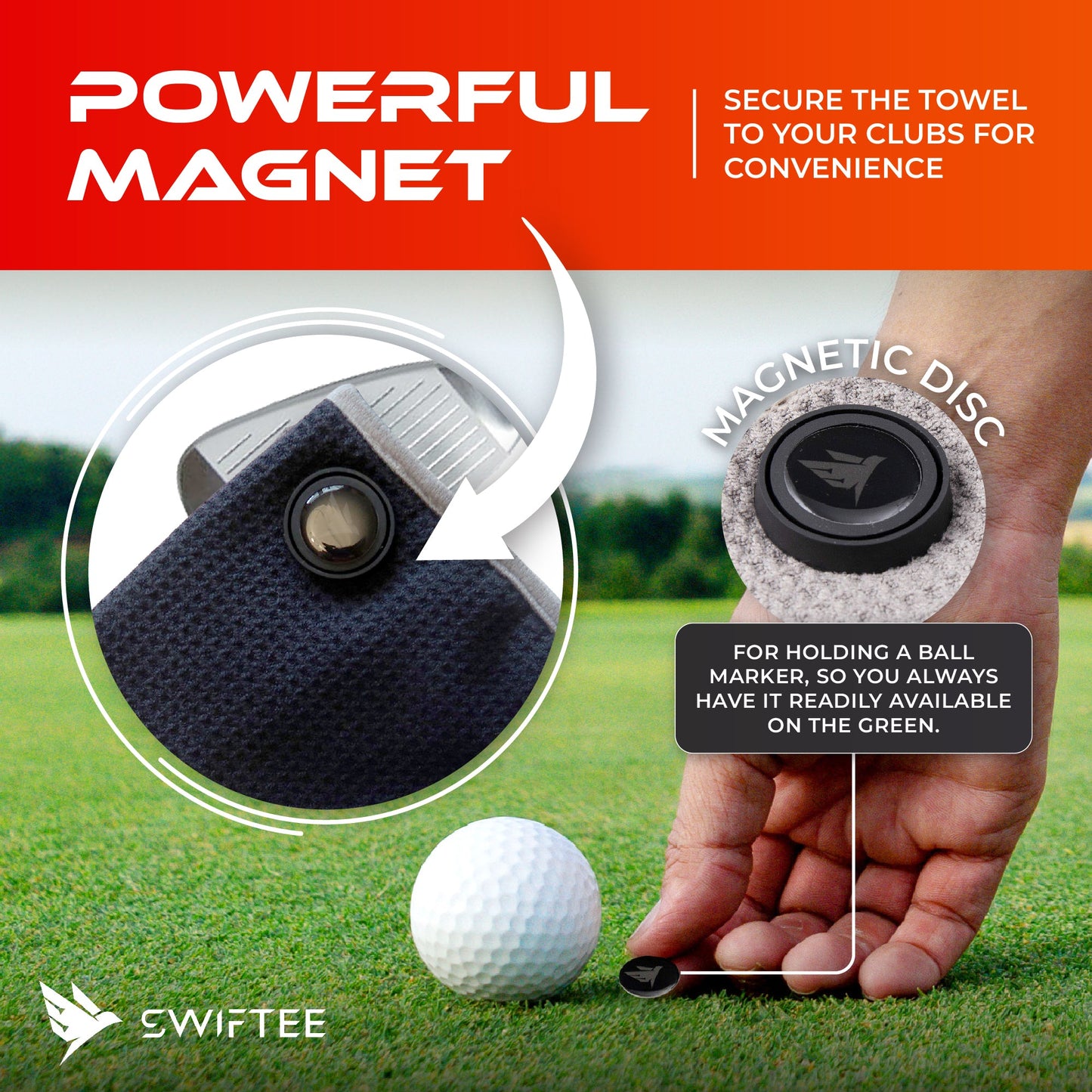 SWIFTEE Golf Pouch Waist Pocket Wet and Dry Liner Ball Towel - With Magnet, Ball Marker and Caribiner Clip