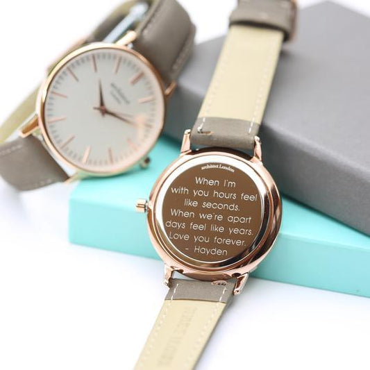 Ladies Engraved Watch with light Grey Leather Strap