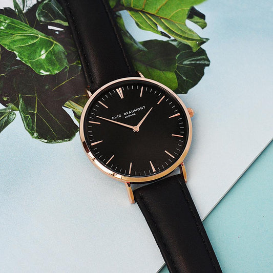 Ladies Modern - Vintage Personalised Leather Watch in Black