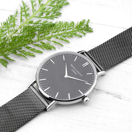 Men's Metallic Charcoal Grey Personalised Watch With Black Face