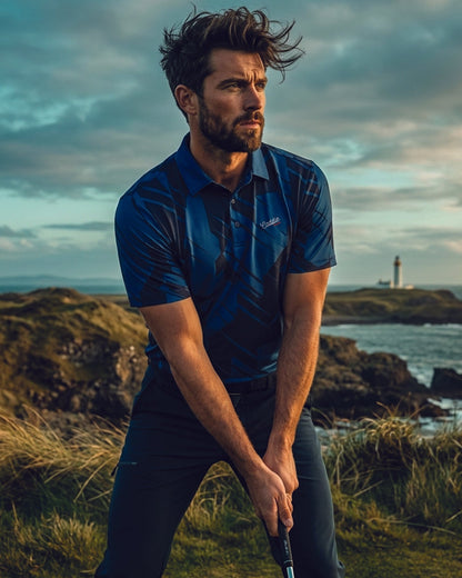 Men's Navy Geometric Performance Golf Polo – Athletic Fit