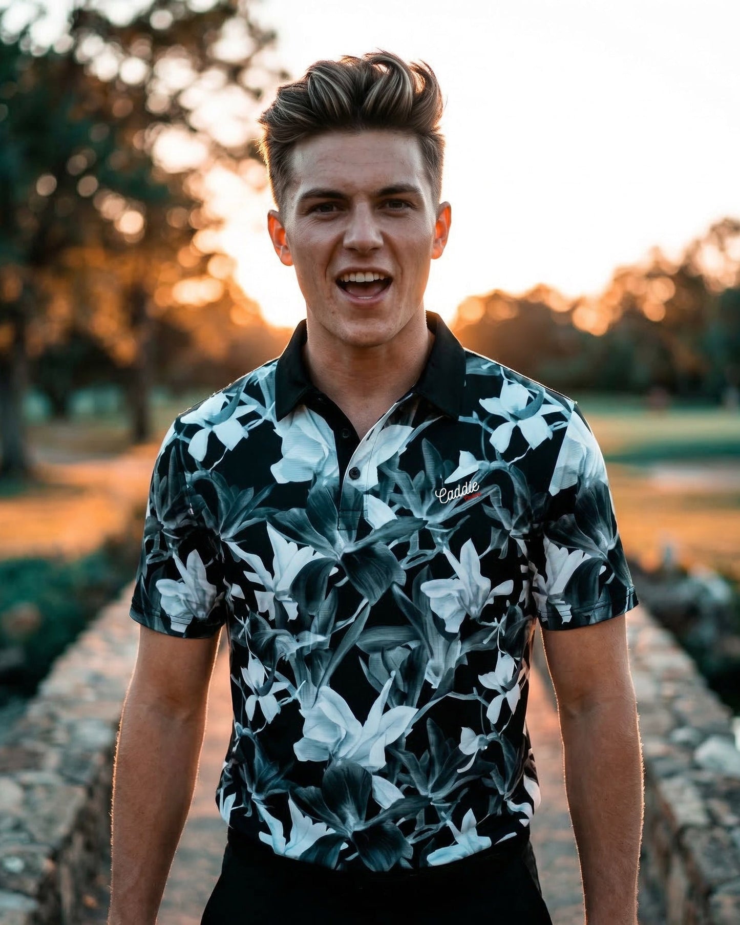 Men’s Black & White Floral 4-Way Stretch Golf Polo