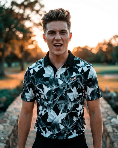 Men’s Black & White Floral 4-Way Stretch Golf Polo