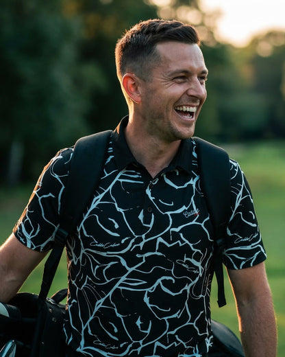 Black Men’s 4-Way Stretch Golf Polo – Moisture-Wicking, Abstract Design