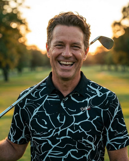 Black Men’s 4-Way Stretch Golf Polo – Moisture-Wicking, Abstract Design