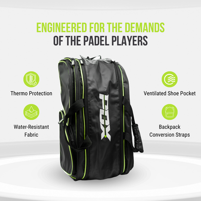 PDX Padel Racket Bag Black & Green | Holds 2-4 Rackets | Backpack Convertible | Thermal Compartment