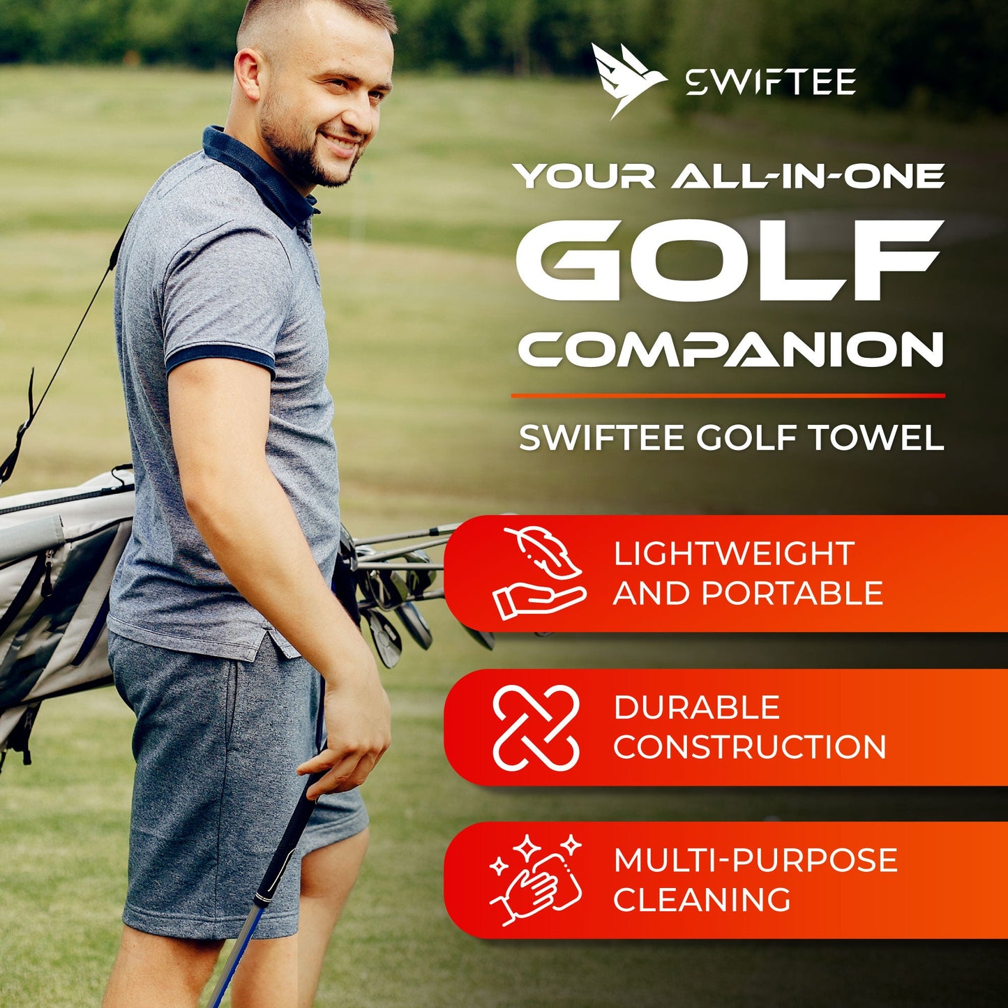 SWIFTEE Ultimate 4-in-1 Premium Golf Towel Black - Includes Brush, Magnet, Wet/Dry Liner, Ball Marker and Caribiner Clip