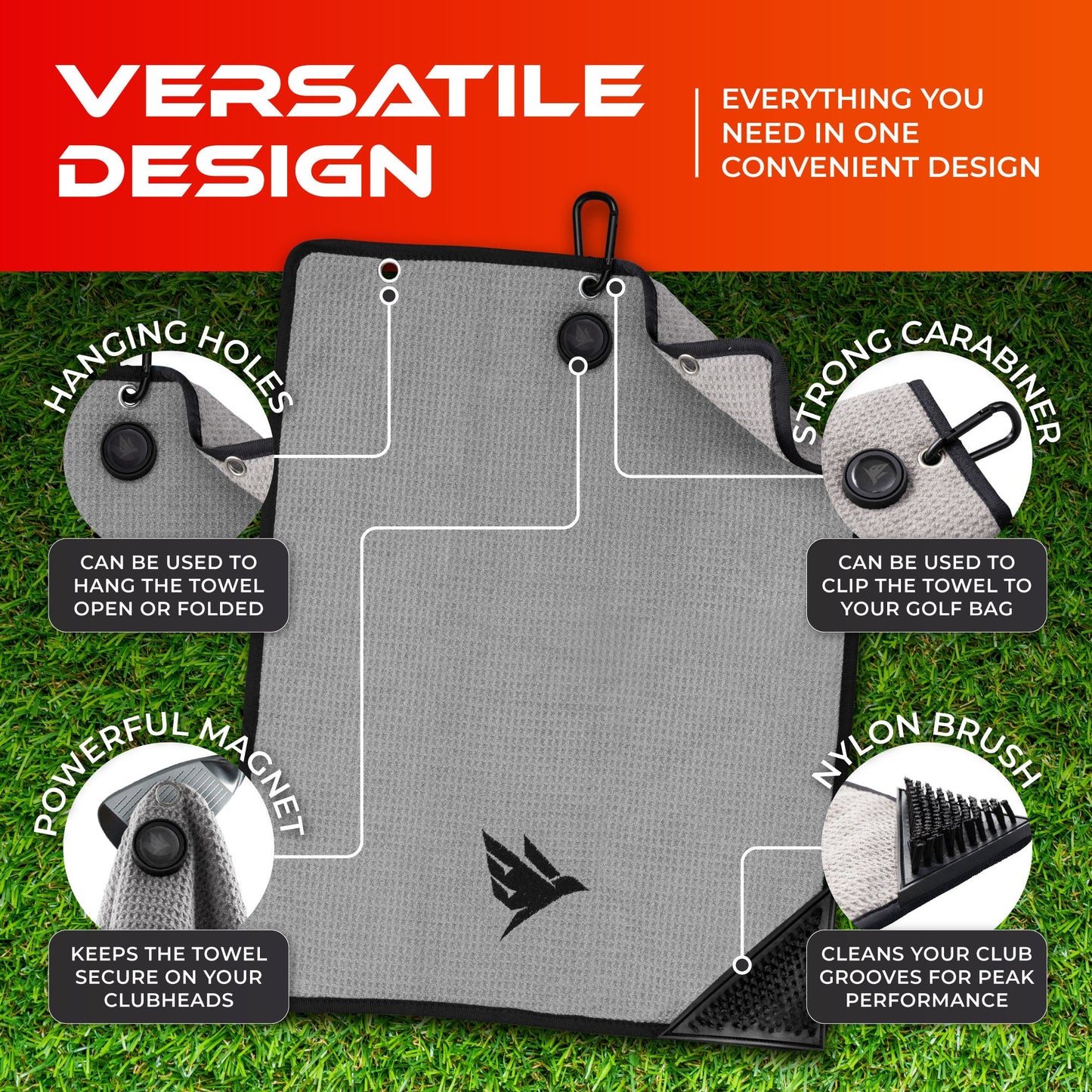 SWIFTEE Ultimate 4-in-1 Premium Golf Towel Grey - Includes Brush, Magnet, Wet/Dry Liner, Ball Marker and Caribiner Clip