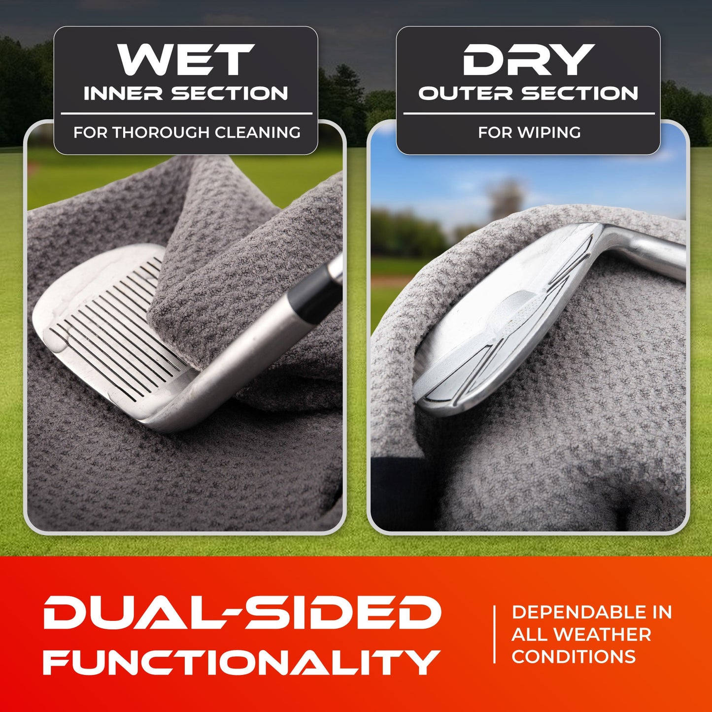 SWIFTEE Ultimate 4-in-1 Premium Golf Towel Grey - Includes Brush, Magnet, Wet/Dry Liner, Ball Marker and Caribiner Clip