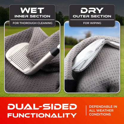 SWIFTEE Ultimate 4-in-1 Premium Golf Towel Black - Includes Brush, Magnet, Wet/Dry Liner, Ball Marker and Caribiner Clip