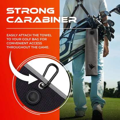 SWIFTEE Ultimate 4-in-1 Premium Golf Towel Grey - Includes Brush, Magnet, Wet/Dry Liner, Ball Marker and Caribiner Clip