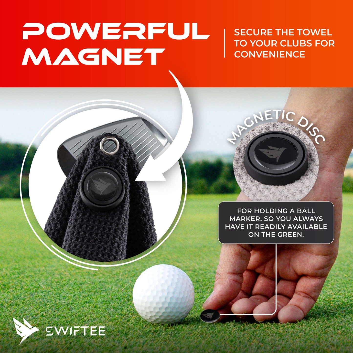 SWIFTEE Ultimate 4-in-1 Premium Golf Towel Black - Includes Brush, Magnet, Wet/Dry Liner, Ball Marker and Caribiner Clip