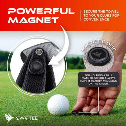 SWIFTEE Ultimate 4-in-1 Premium Golf Towel Navy - Includes Brush, Magnet, Wet/Dry Liner, Ball Marker and Caribiner Clip