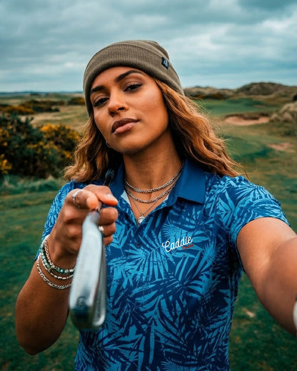 Women’s Light Blue Palm Print Performance Golf Polo
