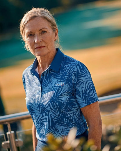Women’s Light Blue Palm Print Performance Golf Polo