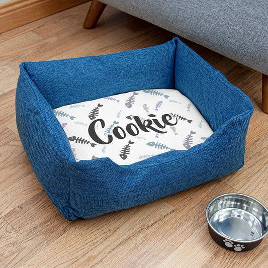 Personalised Blue Comfort Dog Bed With Fish Bone Design