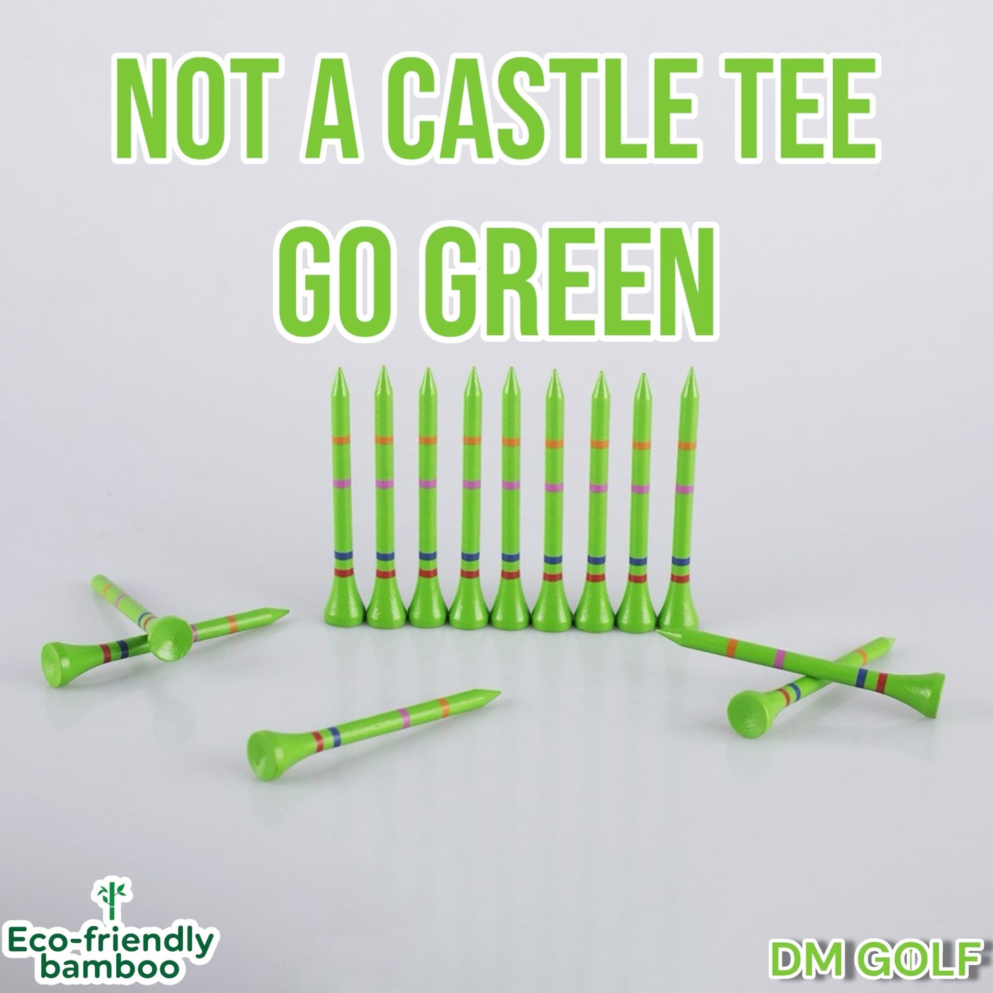 Go Green-Not A Castle Tee-Premium 70mm Bamboo Golf Tee With Orange, Pink, Blue & Red Castle Height Indicators-250 Tees