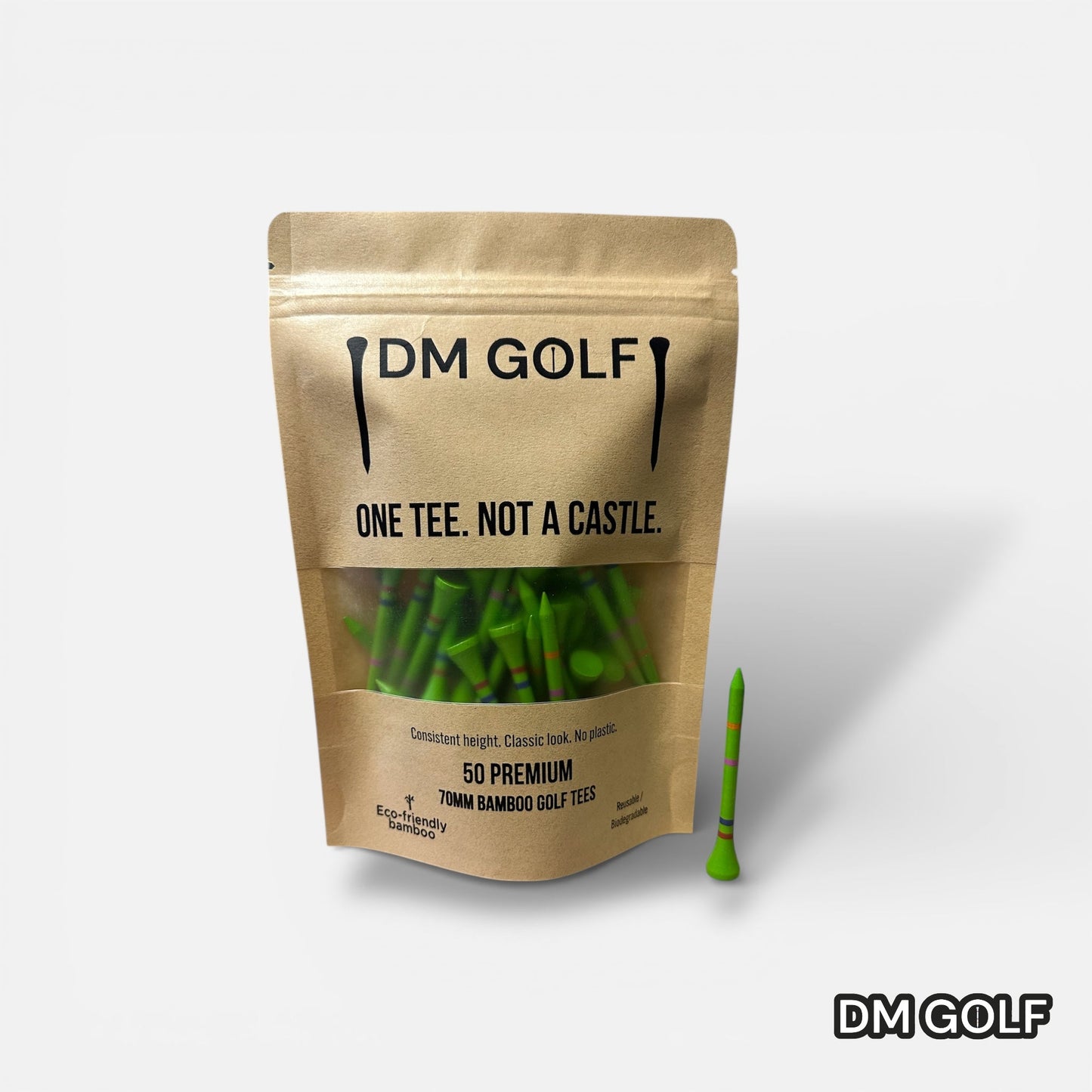 Go Green-Not A Castle Tee- Premium 70mm Bamboo Golf Tee With Orange, Pink, Blue & Red Castle Tee Height Indicators-50 Pack