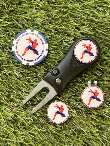 Golf Pitchfork Magnetic Hat Clip With 3 Spiderman Markers And poker chip