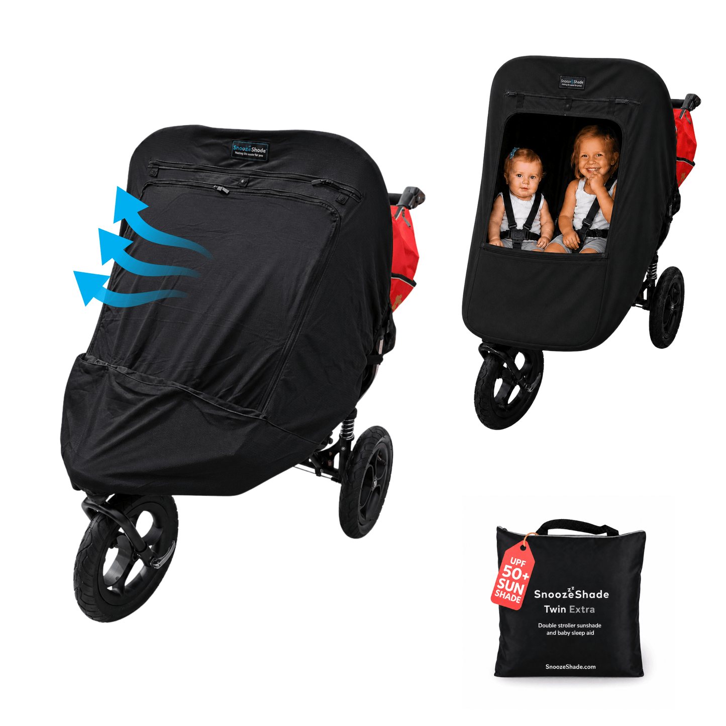 SnoozeShade Twin Extra: sun and sleep shade and insect net for side-by-side double buggies and strollers