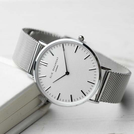 Stunning Personalised Metallic silver Mesh Strapped Watch With White Dial