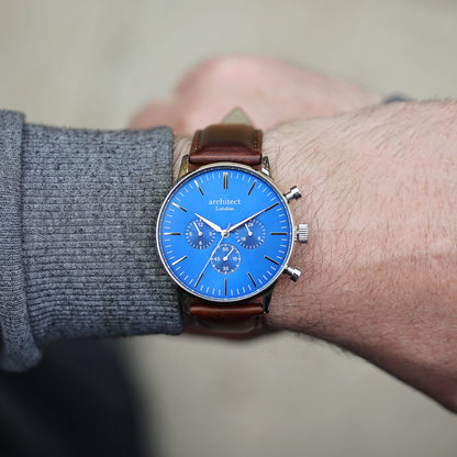 Contactless Payment Watch - Men's Blue Motivator + Walnut Strap + Own Handwriting Engraving
