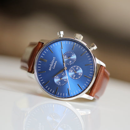 Contactless Payment Watch - Men's Blue Motivator + Walnut Strap + Own Handwriting Engraving