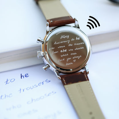 Contactless Payment Watch - Men's Blue Motivator + Walnut Strap + Own Handwriting Engraving