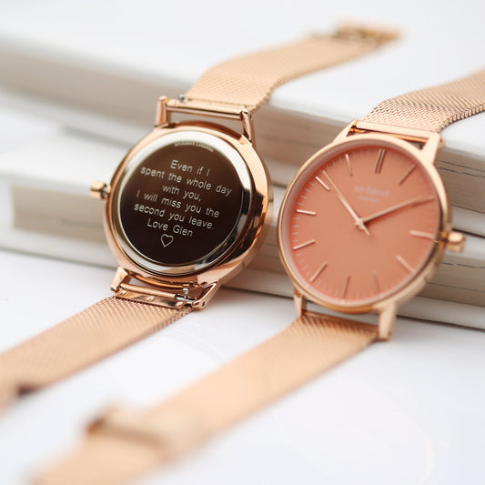 Ladies Architēct Coral - Modern Font Engraving + Rose Gold Mesh Strap