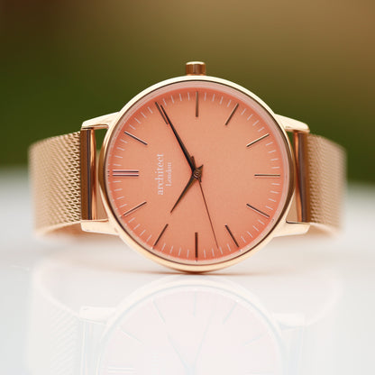 Ladies Architēct Coral - Handwriting Engraving + Rose Gold Mesh Strap