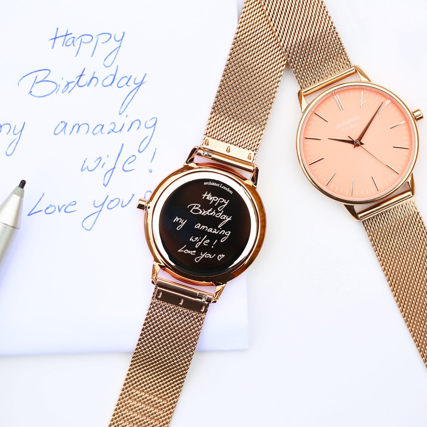 Ladies Architēct Coral - Handwriting Engraving + Rose Gold Mesh Strap