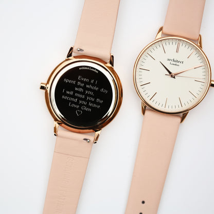 Ladies Architēct Blanc - Modern Font Engraving + Light Pink Strap