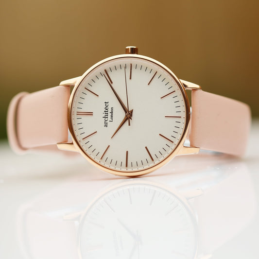 Ladies Architēct Blanc - Handwriting Engraving + Light Pink Strap