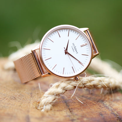 Ladies Architēct Blanc - Handwriting Engraving + Rose Gold Mesh Strap