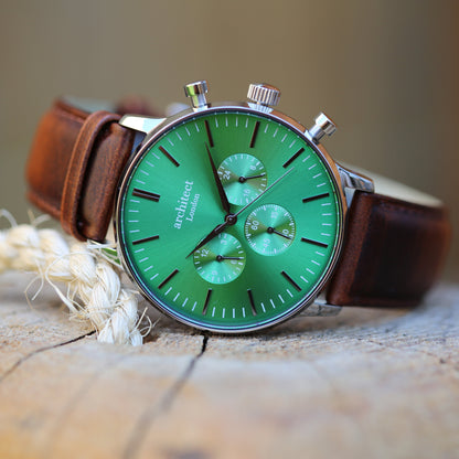 Contactless Payment Watch - Men's Envy Green Motivator + Walnut Strap + Modern Font Engraving