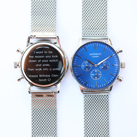 Men's Architect Motivator In Blue With Silver Mesh Strap - Modern Font Engraving