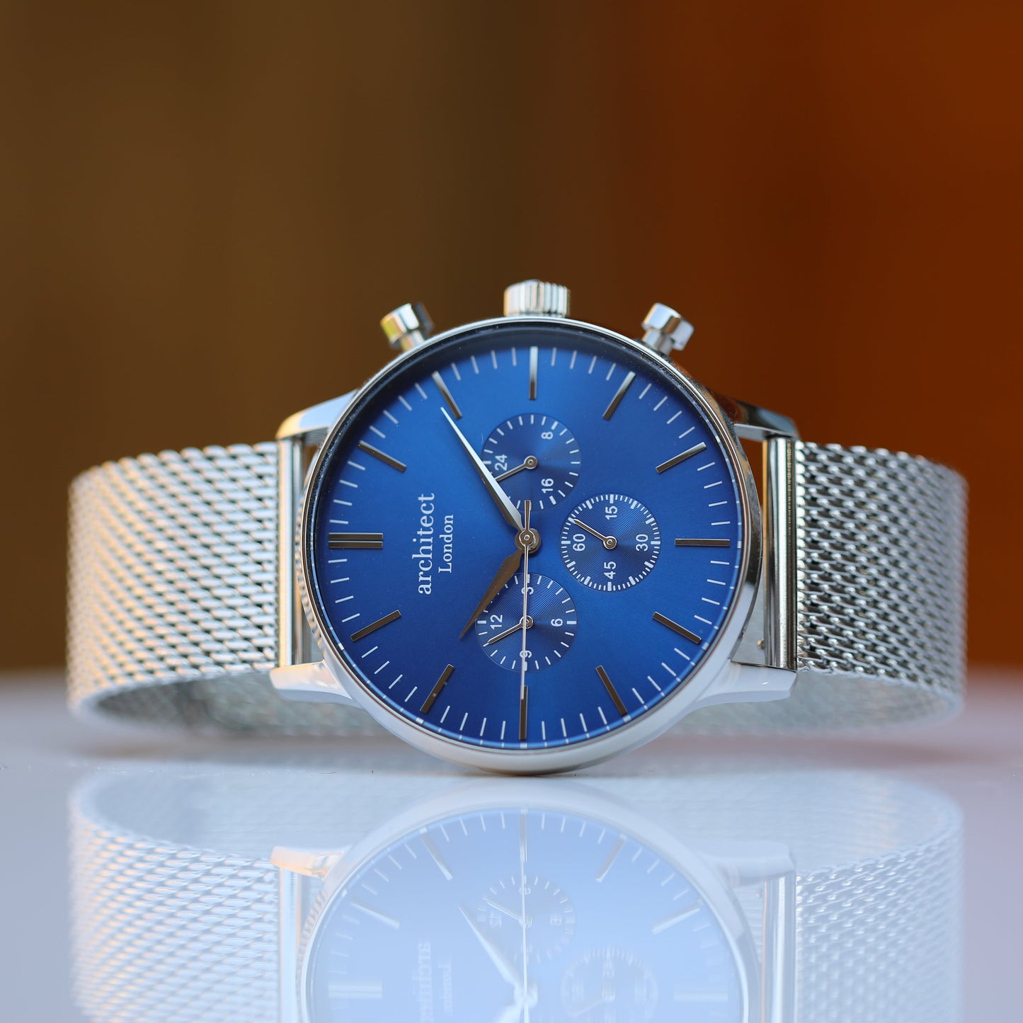 Men's Architect Motivator In Blue With Silver Mesh Strap - Modern Font Engraving