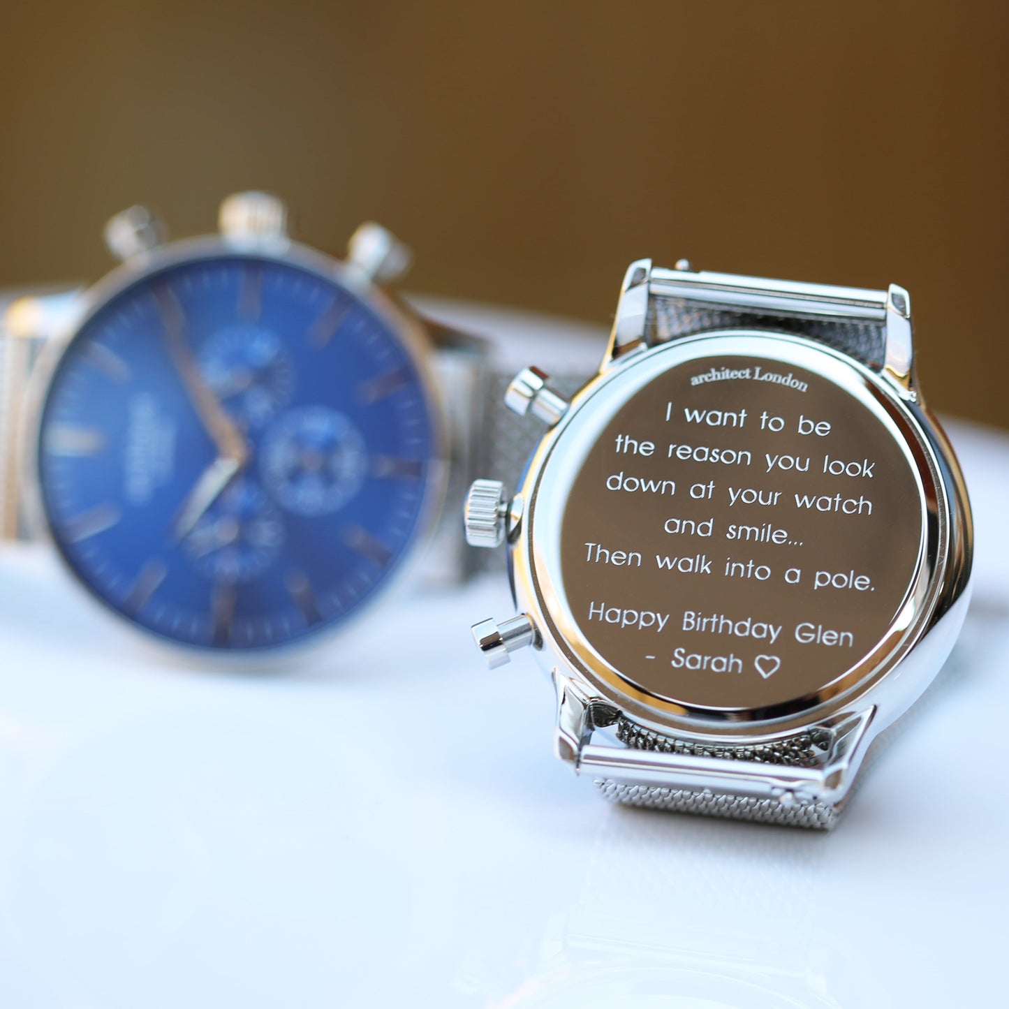 Men's Architect Motivator In Blue With Silver Mesh Strap - Modern Font Engraving