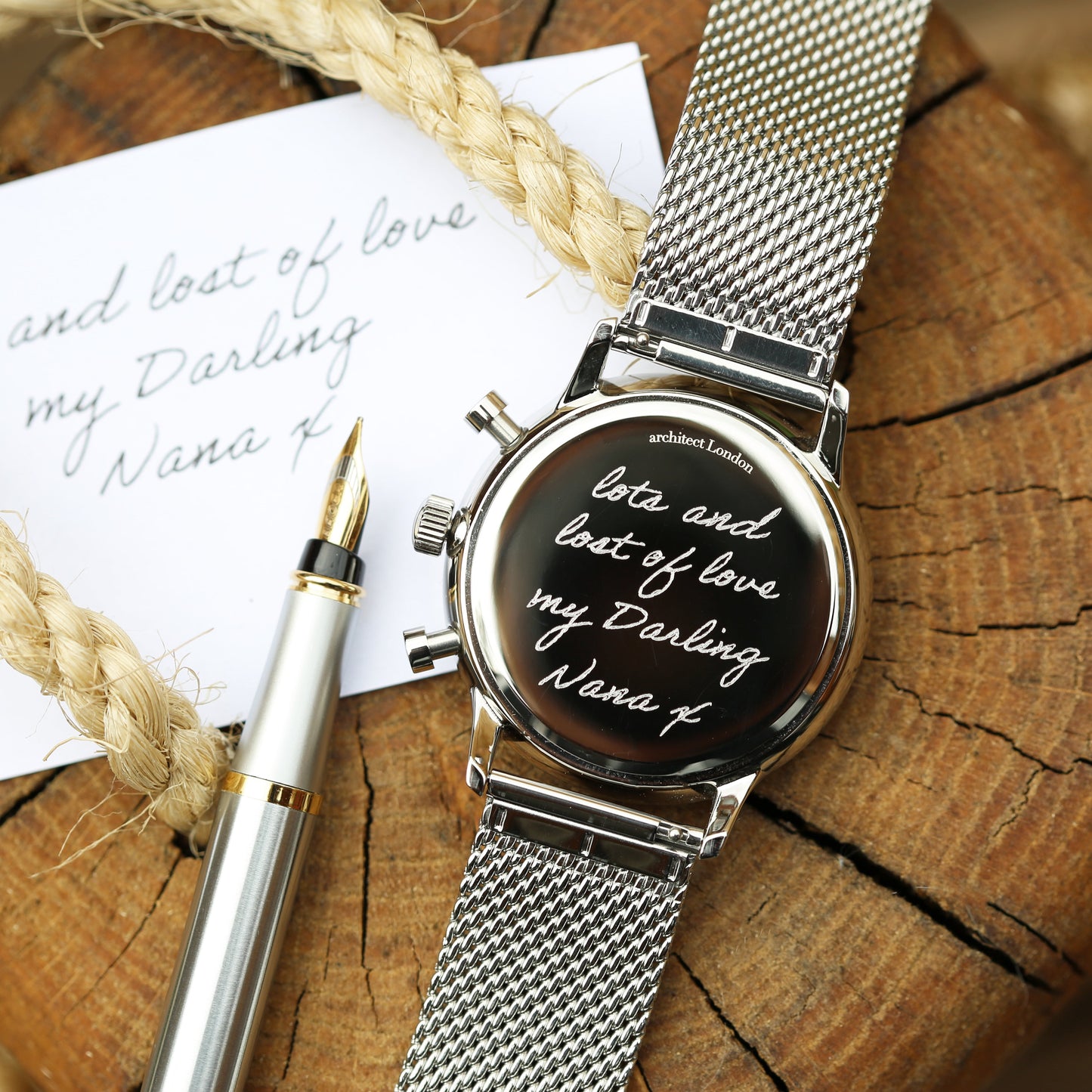 Handwriting Engraving - Men's Architect Motivator Blue Face Silver Strap