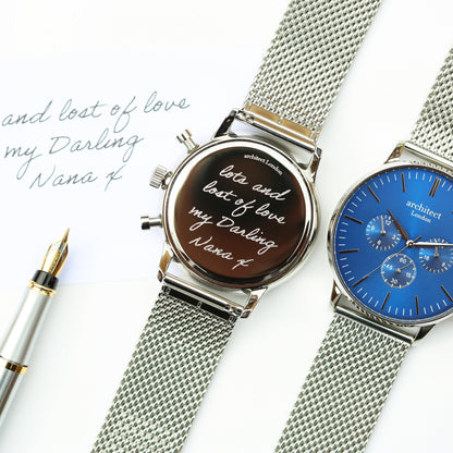 Handwriting Engraving - Men's Architect Motivator Blue Face Silver Strap