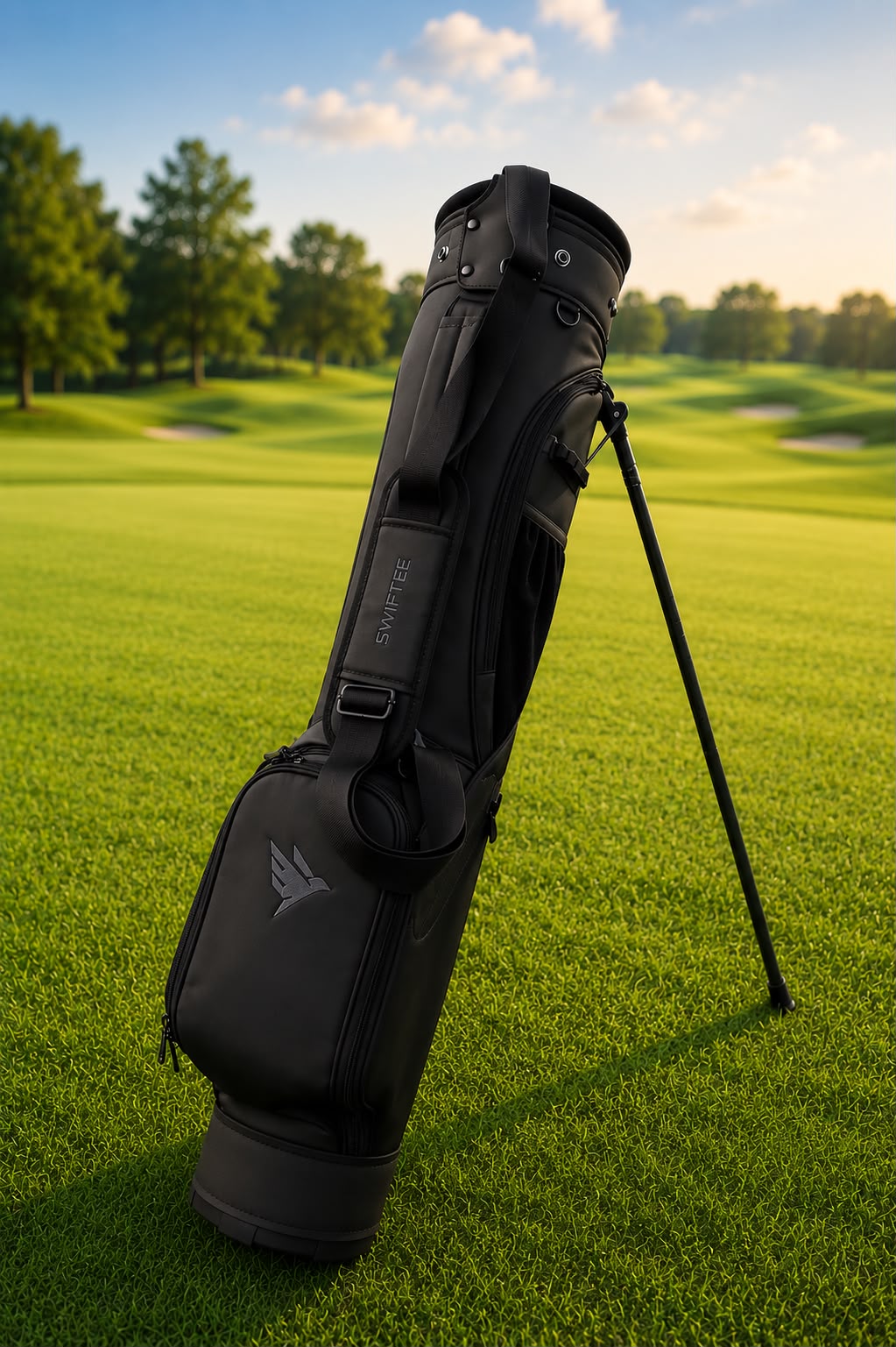 SWIFTEE Sunday Golf Bag Lightweight Stand Carry Bag – 2-Way Divider, Shoulder Strap, Multiple Storage Pockets, Compact Golf Club Bag for Practice, Par 3 & 9-Hole Rounds – Black