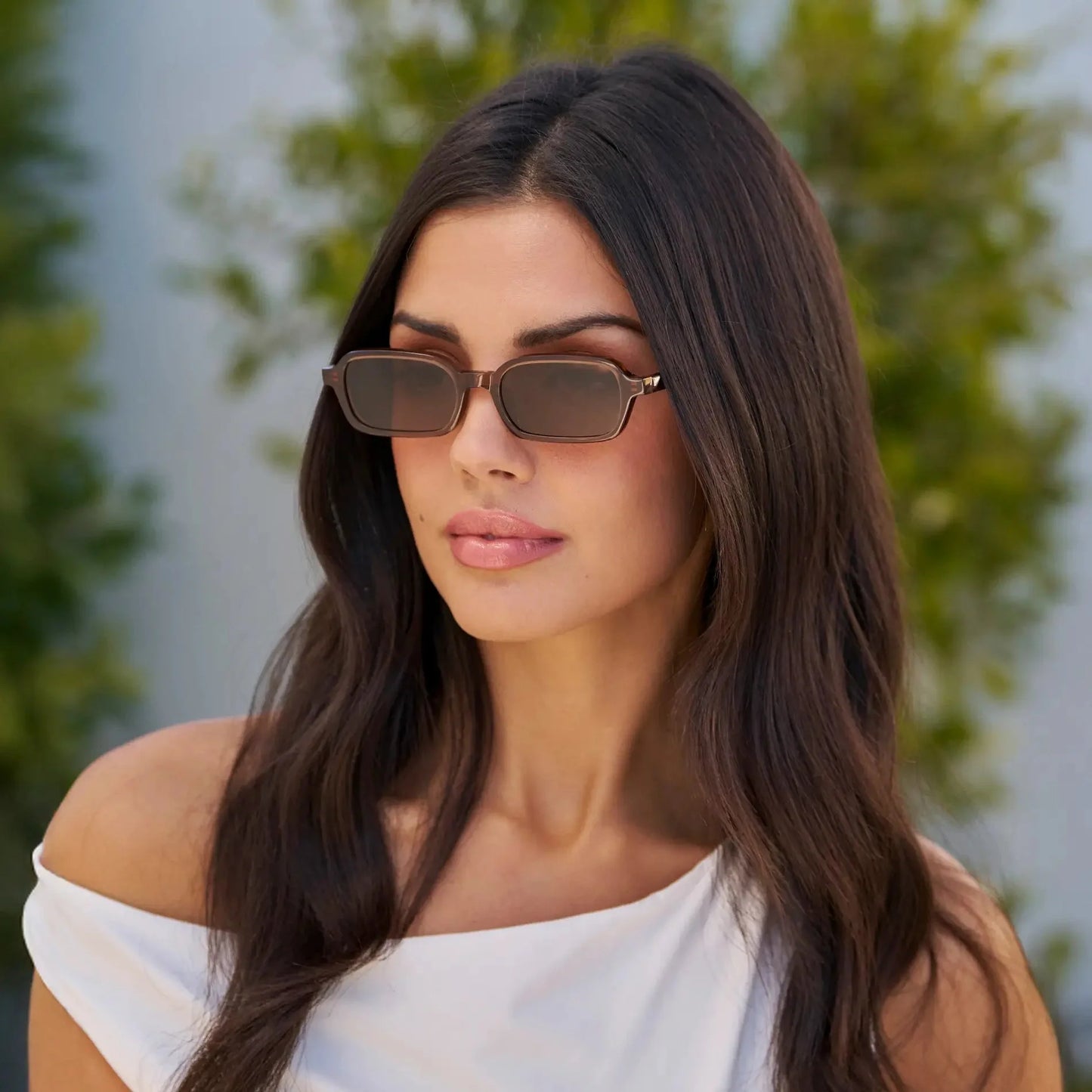 AYLA Slim Rectangular Sunglasses in Cocoa Brown by WMP Eyewear