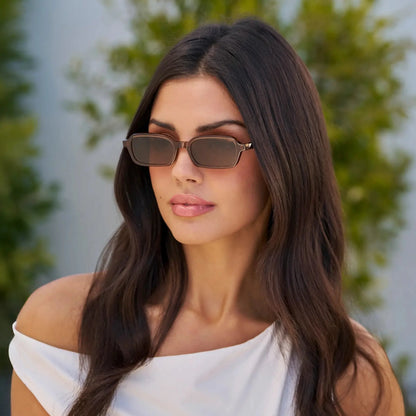 AYLA Slim Rectangular Sunglasses in Cocoa Brown by WMP Eyewear