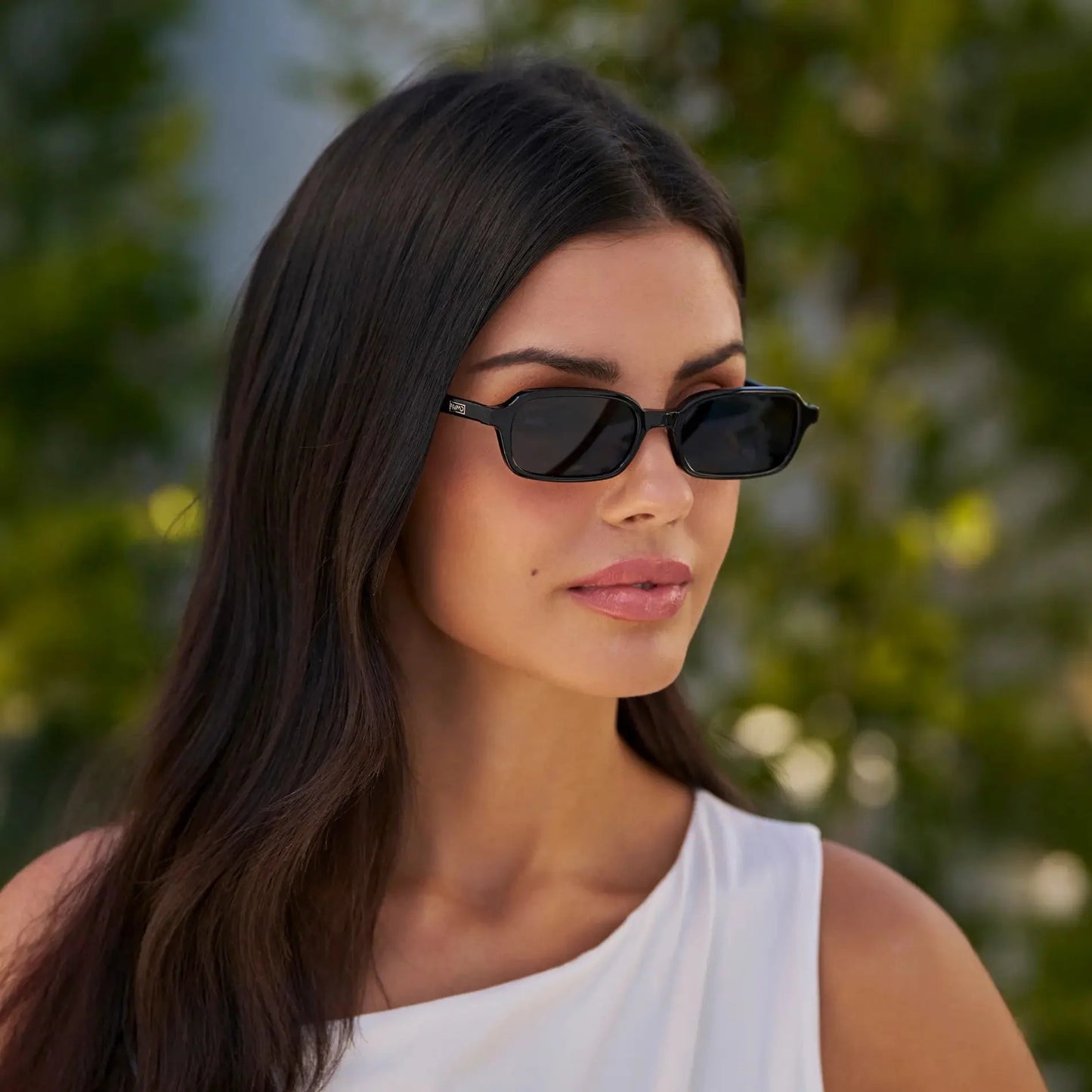 AYLA Slim Rectangular Sunglasses in Triple Black by WMP Eyewear