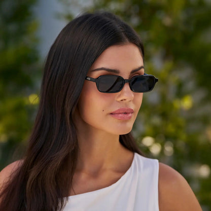 AYLA Slim Rectangular Sunglasses in Triple Black by WMP Eyewear