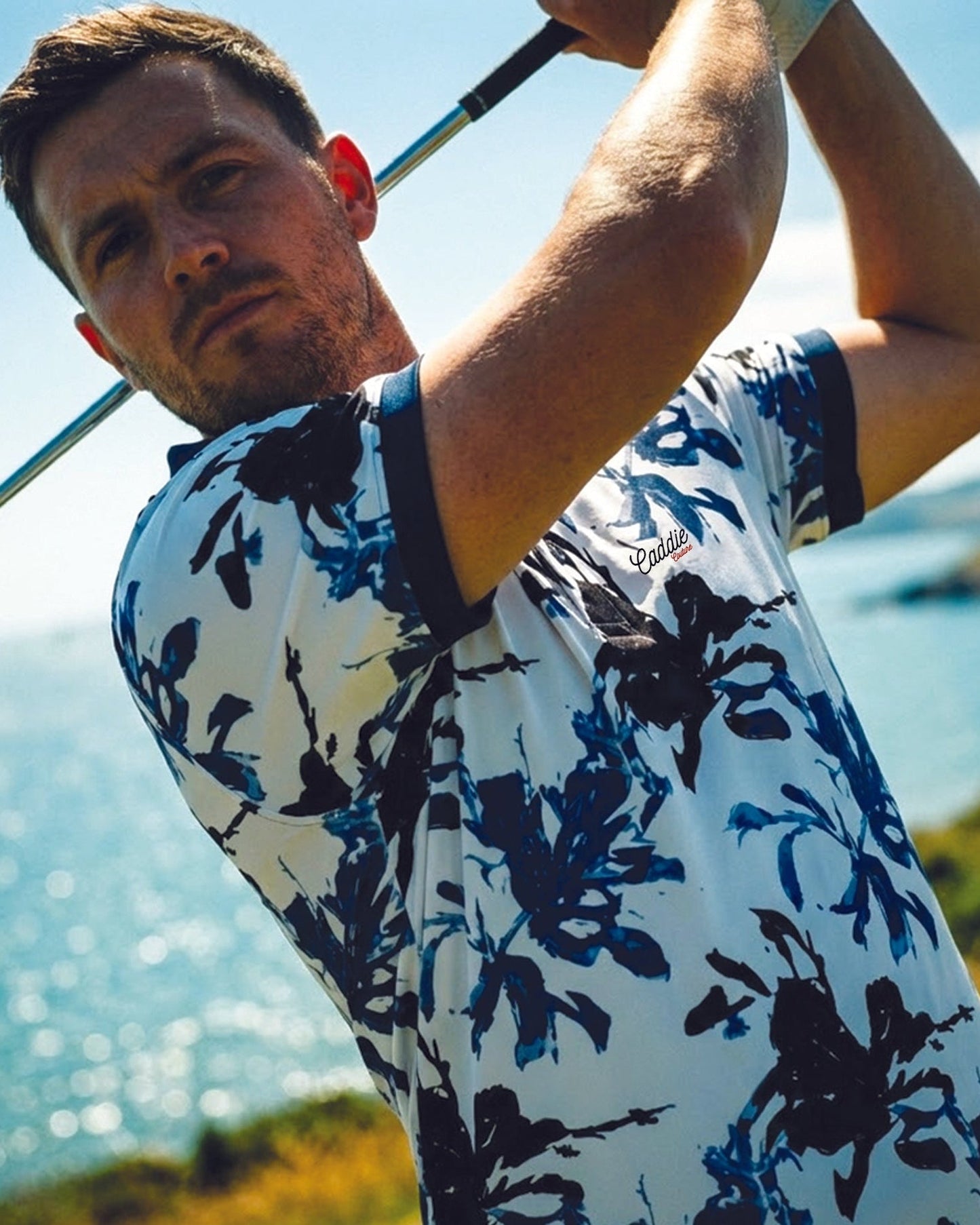 Men’s White Golf Polo—Moisture-Wicking 4-Way Stretch Indigo Shirt