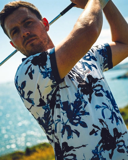 Men’s White Golf Polo—Moisture-Wicking 4-Way Stretch Indigo Shirt