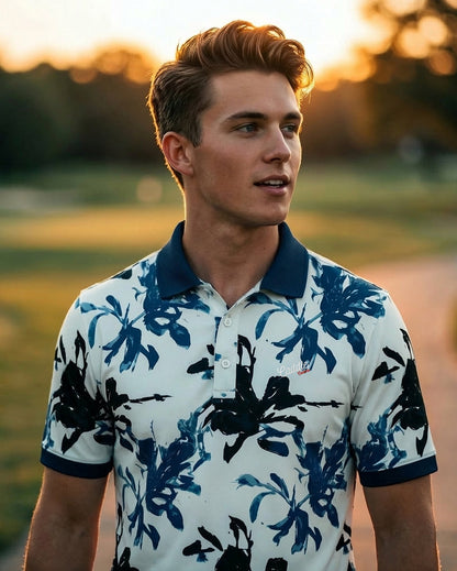 Men’s White Golf Polo—Moisture-Wicking 4-Way Stretch Indigo Shirt