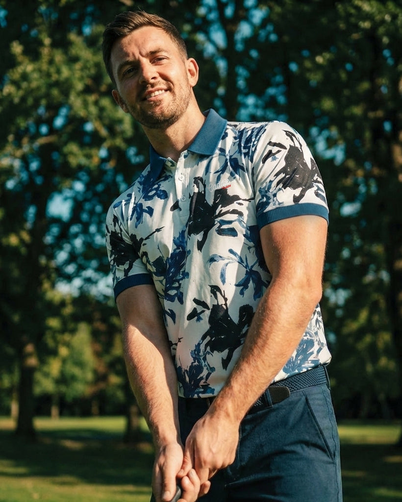 Men’s White Golf Polo—Moisture-Wicking 4-Way Stretch Indigo Shirt