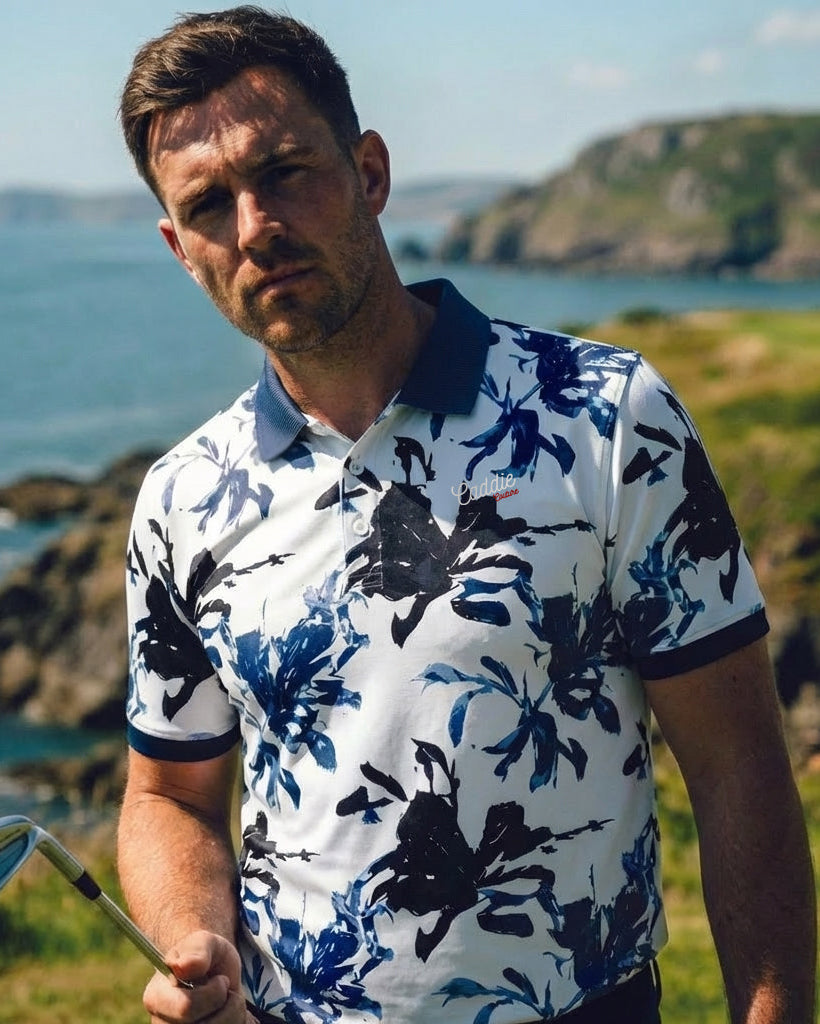 Men’s White Golf Polo—Moisture-Wicking 4-Way Stretch Indigo Shirt